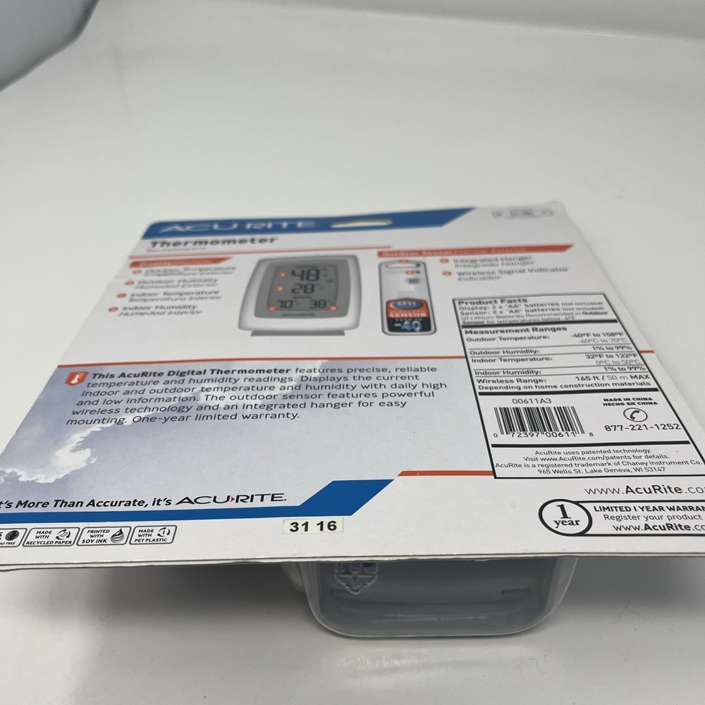 AcuRite Wireless Digital Thermometer with Humidity 00611 -40 - 158 Deg SEALED - Picture 3 of 3